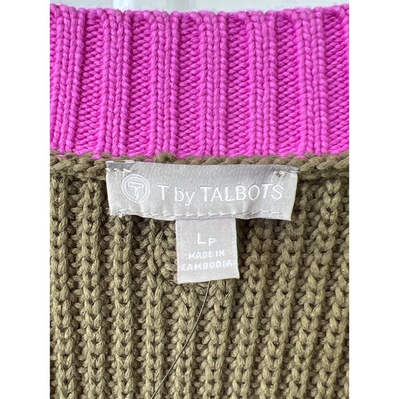 T By Talbots Cardigan Size Large Petite Snap Front V Neck Colorblock Olive Pink - Picture 4 of 7